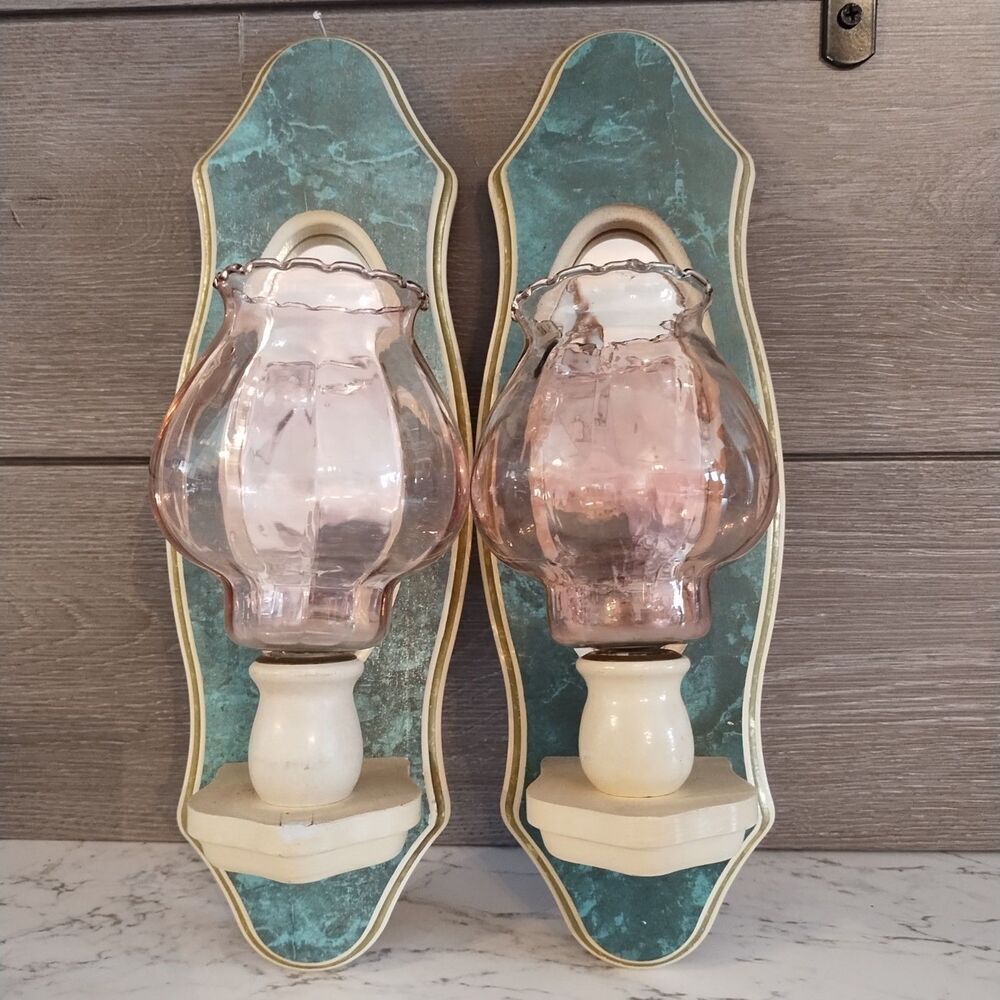 Mirrored Wood Wall Candle Sconces Faux Marble Green Ivory Gold Detail Pink Domes